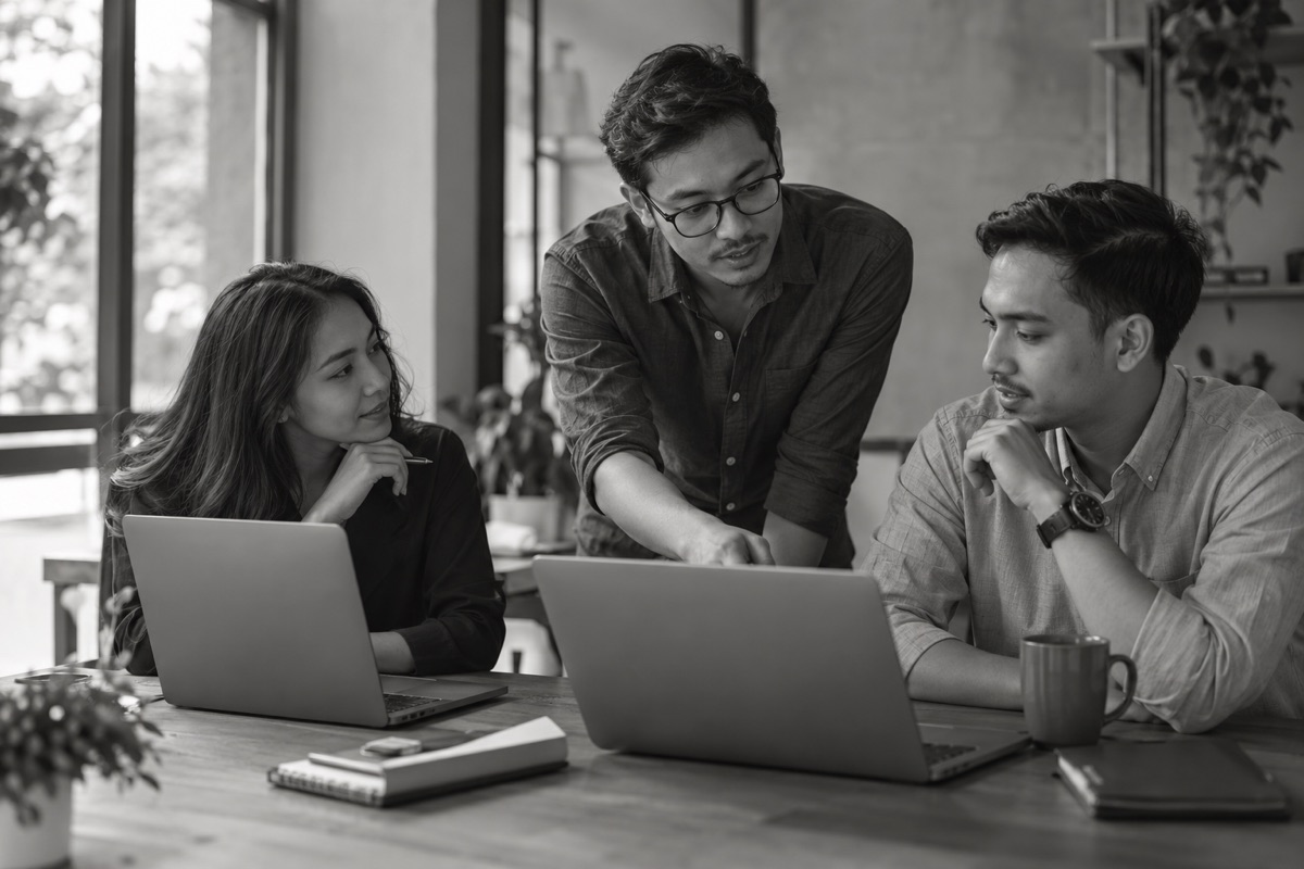 Illustrative photograph of IT professionals discussing a project