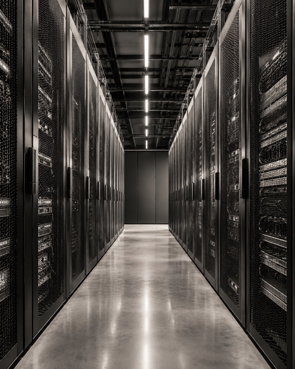 Monochrome data centre server racks